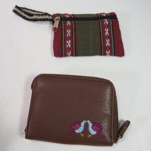 (2) Wallets with zippers Embroidered Birds on Warm Brown & fabric coin purse